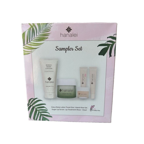 Hanalei Sampler Set Kukui Body Lotion, Facial Aloe Gel & 3 Lip Treatments New - Picture 3 of 11